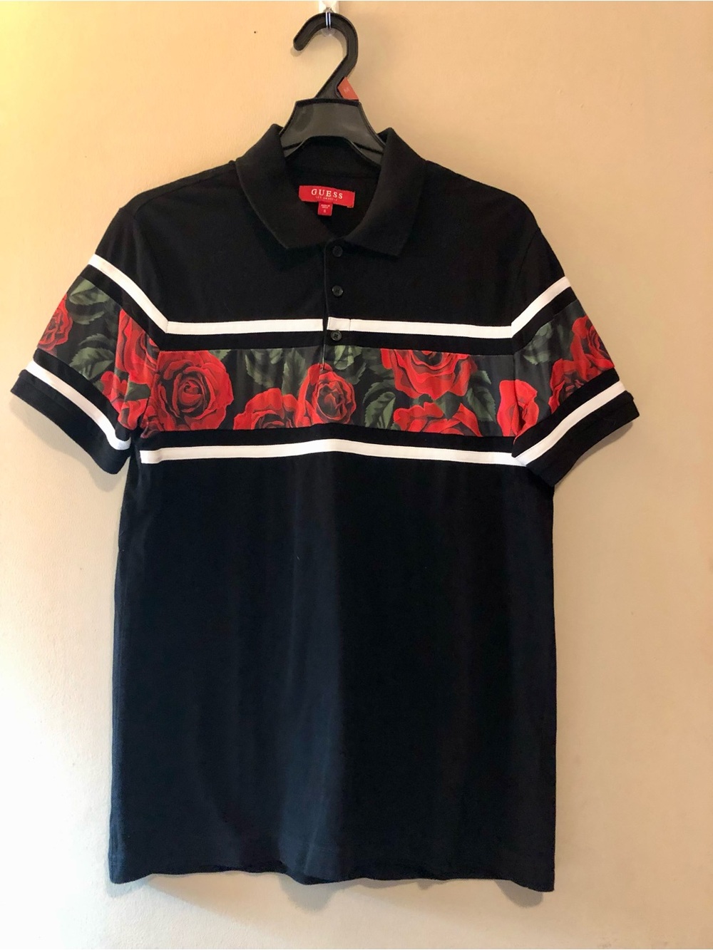 GUESS Black Polo with Red Rose Stripe